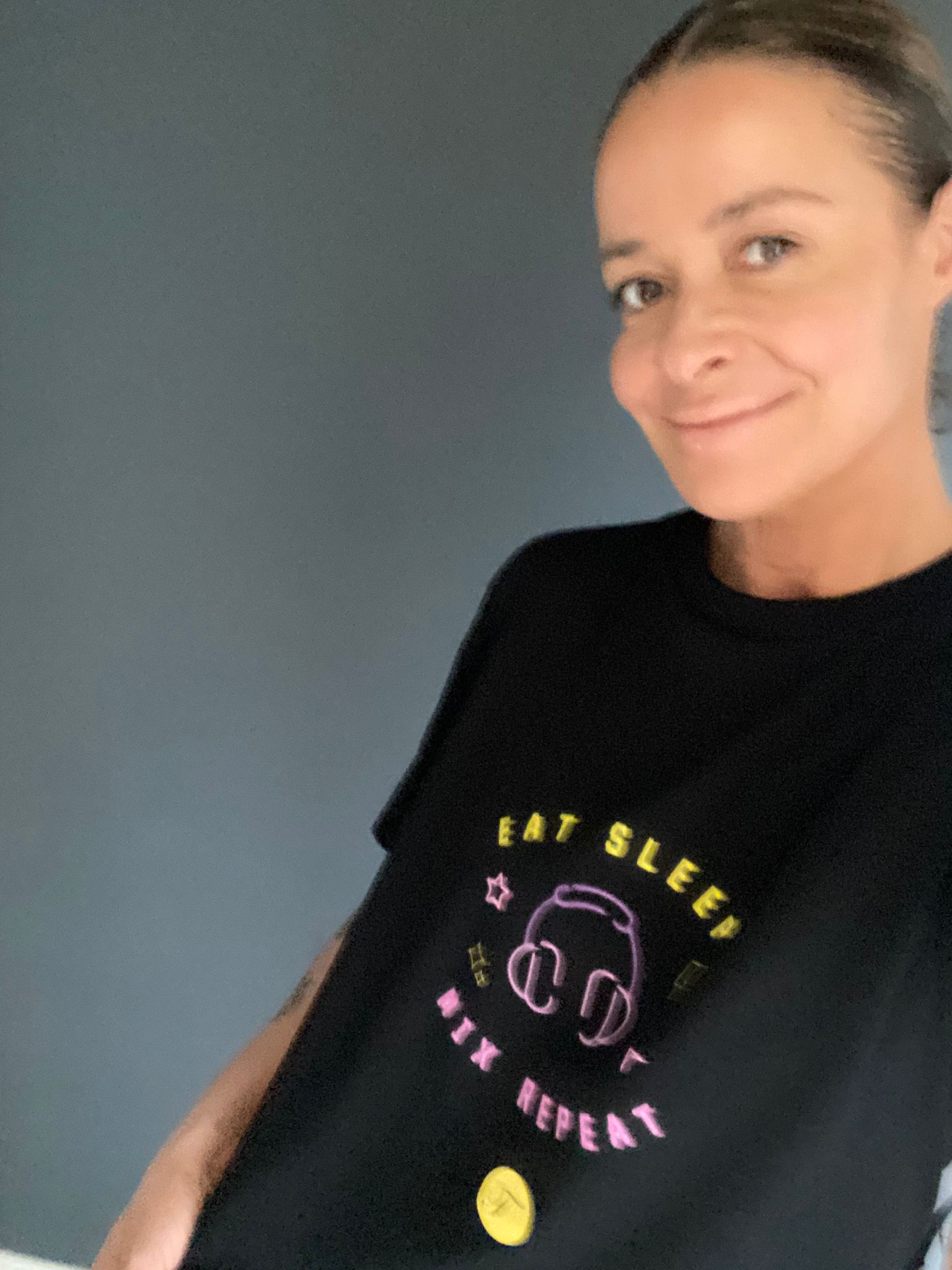 Sarah Jae modelling our Eat Sleep Mix Repeat t-shirt